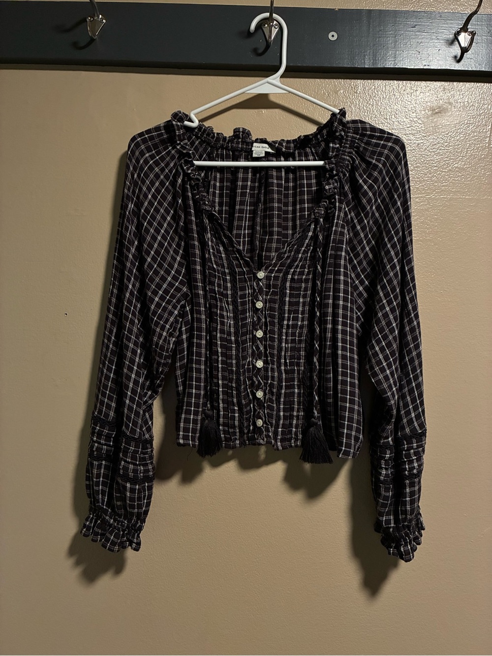 American Eagle Outfitters Black and White Plaid Peasant Blouse